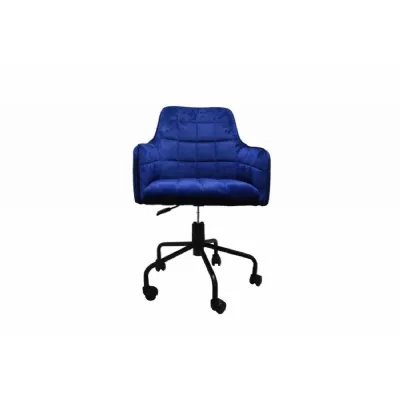 Blue Velvet Quilted Design Swivel Office Chair Black Base