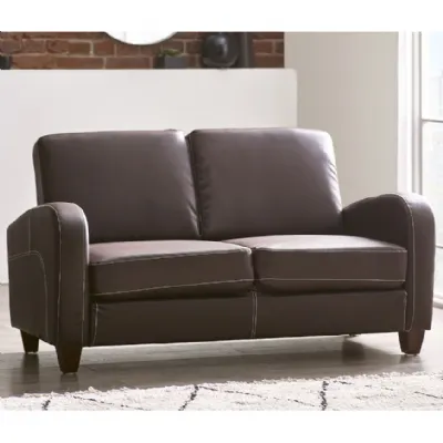 Brown Faux Leather 2 Seater Sofa with Contrast Stitching and Hardwood Frame