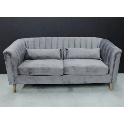 Modern Grey Velvet Fabric Upholstered 3 Seater Sofa with Ribbed Backrest