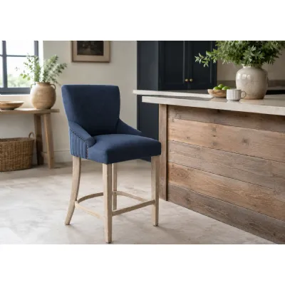 Modern Blue Velvet Upholstered Bar Stool with Limed Oak Legs