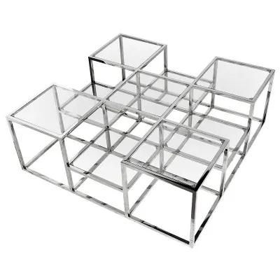 Large Square Coffee Table Multi Level Clear Glass Tops Chrome Metal Frame