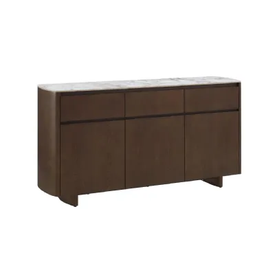 Grey Smoked Wood Large 3 Door Sideboard Marble Effect Top
