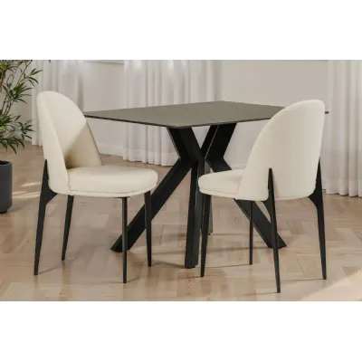 Taupe Cream Leather Curved Back Dining Chair Black Legs