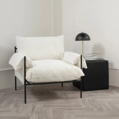 Modern Plush White Armchair with Soft Cushions and Metal Frame