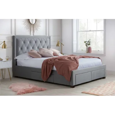 Grey Fabric 4 Drawer Double Bed Tufted Buttoned Headboard