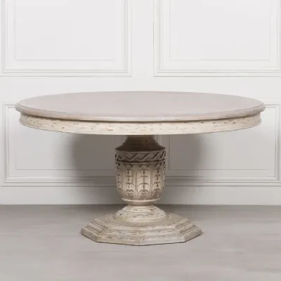 Light Rustic White Washed Wood Pedestal Dining Table 6 Seat