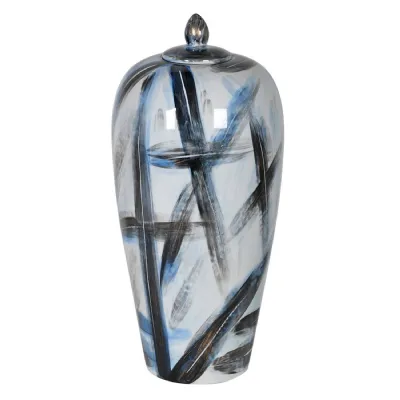 Large Blue and Black Streaks Lidded Jar