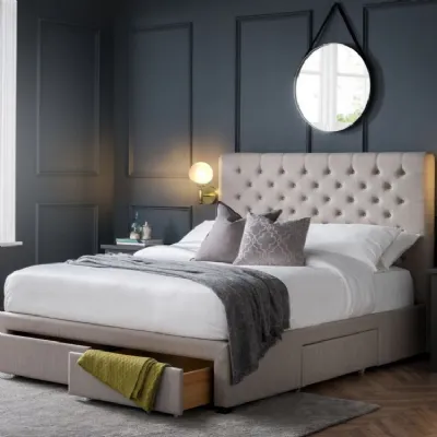 Luxury Grey Fabric Upholstered 4ft6 Double Bed with 4 Storage Drawers