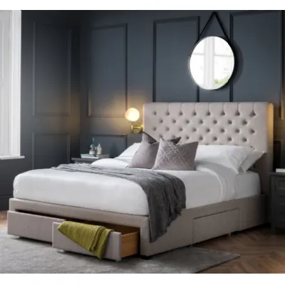 Grey Linen Upholstered 4 Drawer 6ft Super King Size Bed with Buttoned Headboard