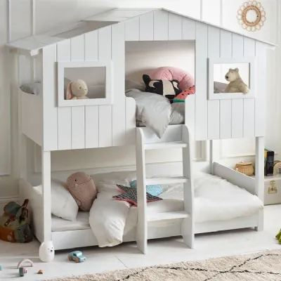 White Treehouse 3ft Single Bunk Bed for Kids with Ladder and Windows