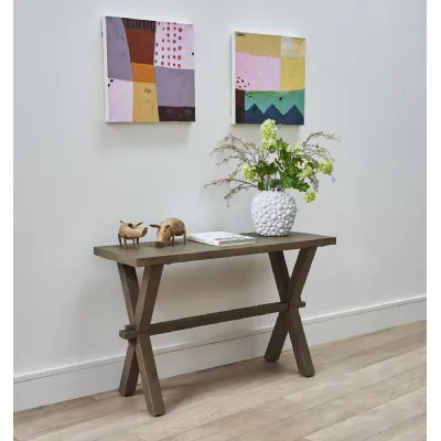 Rustic Solid Pine Rectangular Console Table with Cross Brace Base