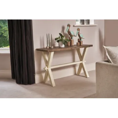 Farmhouse Two Tone Pine Rectangular Console Table with White Painted Base