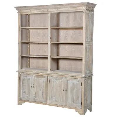 Rustic Double Large Weathered Wooden Bookcase With Cupboards