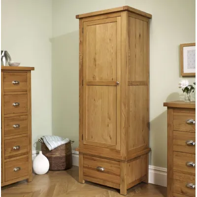 Rustic Brown Oak 1 Door 1 Drawer Tall Narrow Wardrobe
