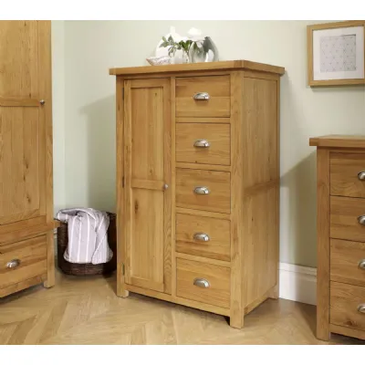 Rustic Brown Oak 1 Door 5 Drawer Midi Small Kids Wardrobe