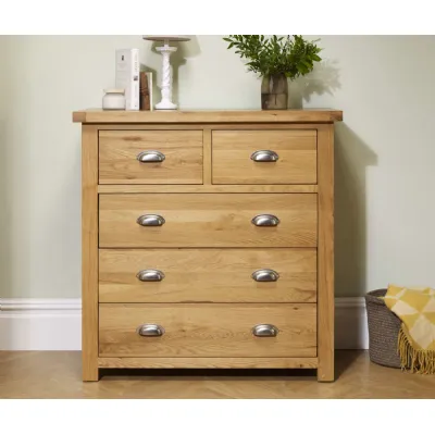 Rustic Brown Oak 2 Over 3 Chest of Drawers with Cup Handles