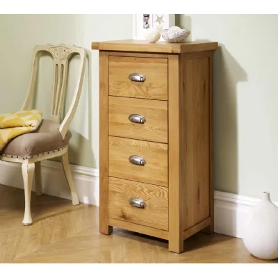Brown Oak Narrow Chest of 4 Drawers with Cup Handles