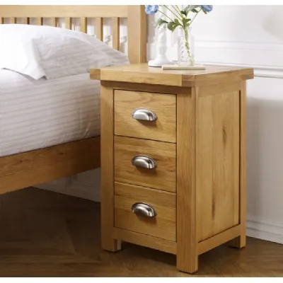 Solid Oak Large 3 Drawer Bedside with Metal Cup Handles