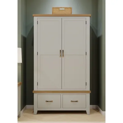 Light Grey Double 2 Drawer Wardrobe with Oak Top