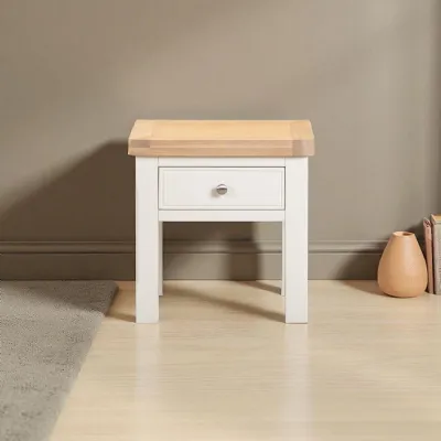 Modern Off White Side Lamp Table with Oak Top