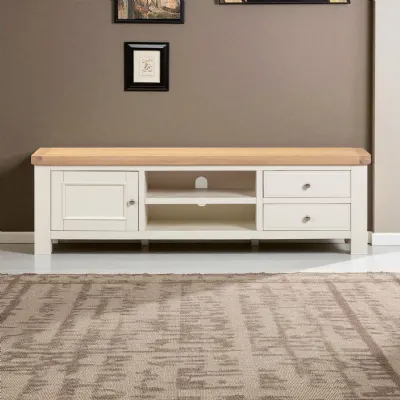 Traditional White Painted Oak Top Large 2 Drawer TV Unit with 1 Door