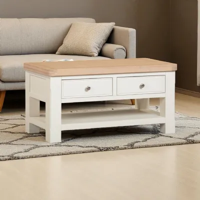 Modern White Painted Oak Coffee Table with 2 Drawers and Open Shelf