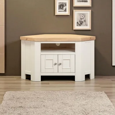 Modern White Painted Oak Corner TV Cabinet with Open Media Shelf