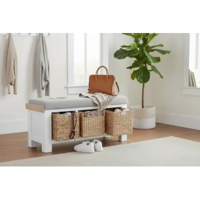 Modern White and Natural Oak Hall Bench with Shoe Storage