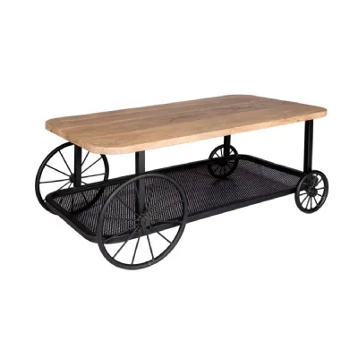Industrial Wood Top Coffee Table Reclaimed Metal Wheel Base