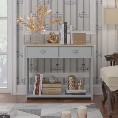 Westbury Farmhouse 2 Drawer Hallway Console Table Matt Grey And Light Oak