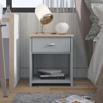 Westbury Farmhouse 1 Drawer Bedside Cabinet Matt Grey And Light Oak