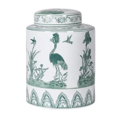 White and Sage Peacock Temple Jar