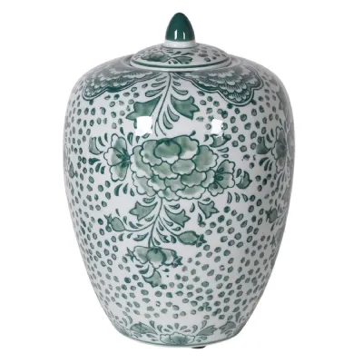 White and Green Floral Lidded Urn
