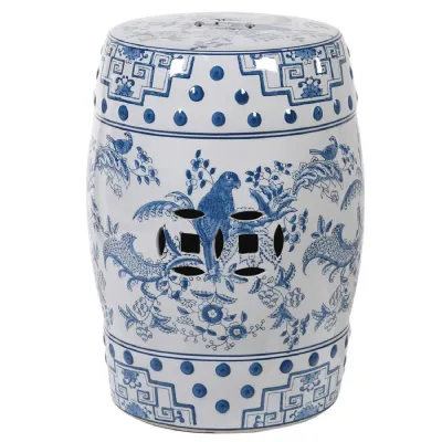 Blue and White Oriental Style Bird Ceramic Stool