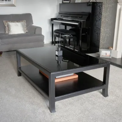 Black Glass and Wood Large Coffee Table with Storage Shelf