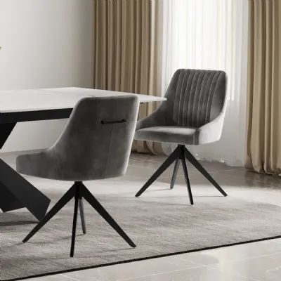 Modern Light Grey Soft Velvet Swivel Dining Chair with Black Metal Legs