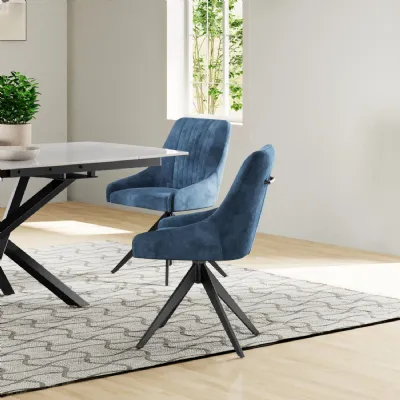 Modern Blue Soft Velvet Swivel Dining Chair with Black Metal Legs