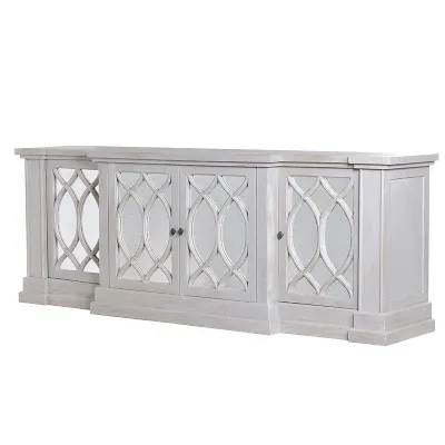 Large 220cm 4 Door Mirrored Glass Wide Glazed Sideboard Storage Cupboard Unit