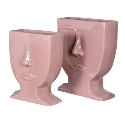 Set of 2 Pink Ceramic Face Vases