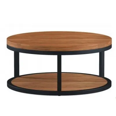 Industrial Solid Acacia Top and Shelf Round Coffee Table with Black Metal Frame