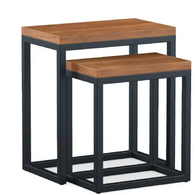 Industrial Solid Acacia Wood Rectangular Nest of 2 Tables with Black Metal Frame
