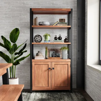 Modern Acacia Wood Tall 2 Door Bookcase with Open Shelving
