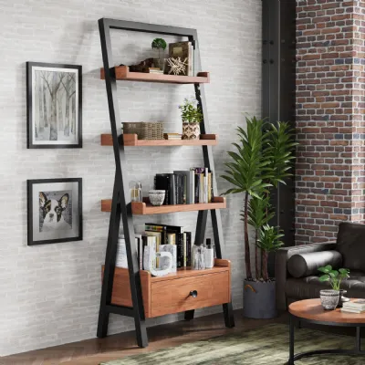 Industrial Style Rustic Solid Acacia Ladder Bookcase Display Unit with Drawer