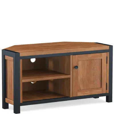 Modern Solid Acacia Corner TV Unit with Black Metal Frame and Open Shelves