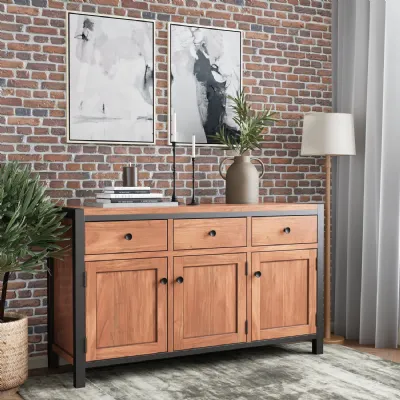 Industrial Solid Acacia Wood 3 Door 3 Drawer Large Sideboard with Metal Frame