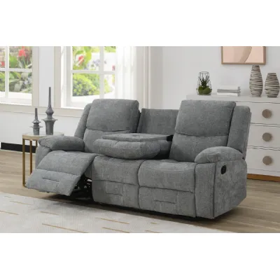 Grey Fabric 3 Seater Manual Recliner Sofa with Cup Holder