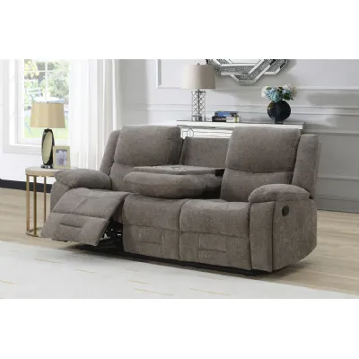 Mocha Fabric 3 Seater Manual Recliner Sofa with Cup Holder