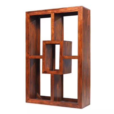 Solid Sheesham Wood Geometric Display Unit with Open Frame Design