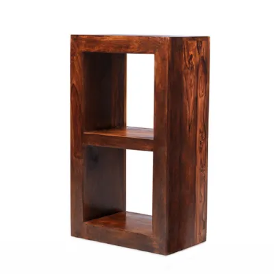 Contemporary Brown Sheesham Wood Open Display Cube with 2 Shelves
