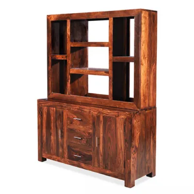 Traditional Solid Sheesham 2 Door 3 Drawer Multi Shelf Dresser with Cabinet